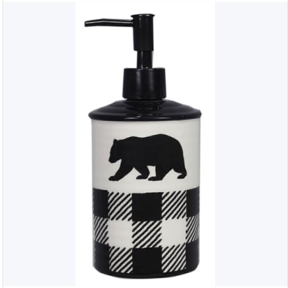 Buffalo Plaid Black Bear New Ceramic Lotion Soap Dispenser Country Cabin Lodge